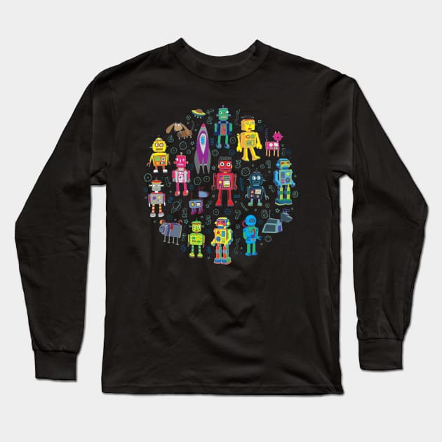 Robots in Space - bright retro robot circle Long Sleeve T-Shirt by Cecca